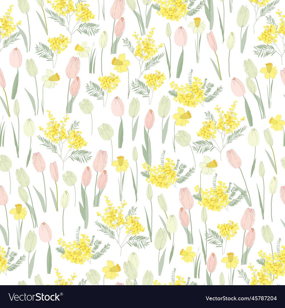 Seamless pattern with spring tulips mimosa