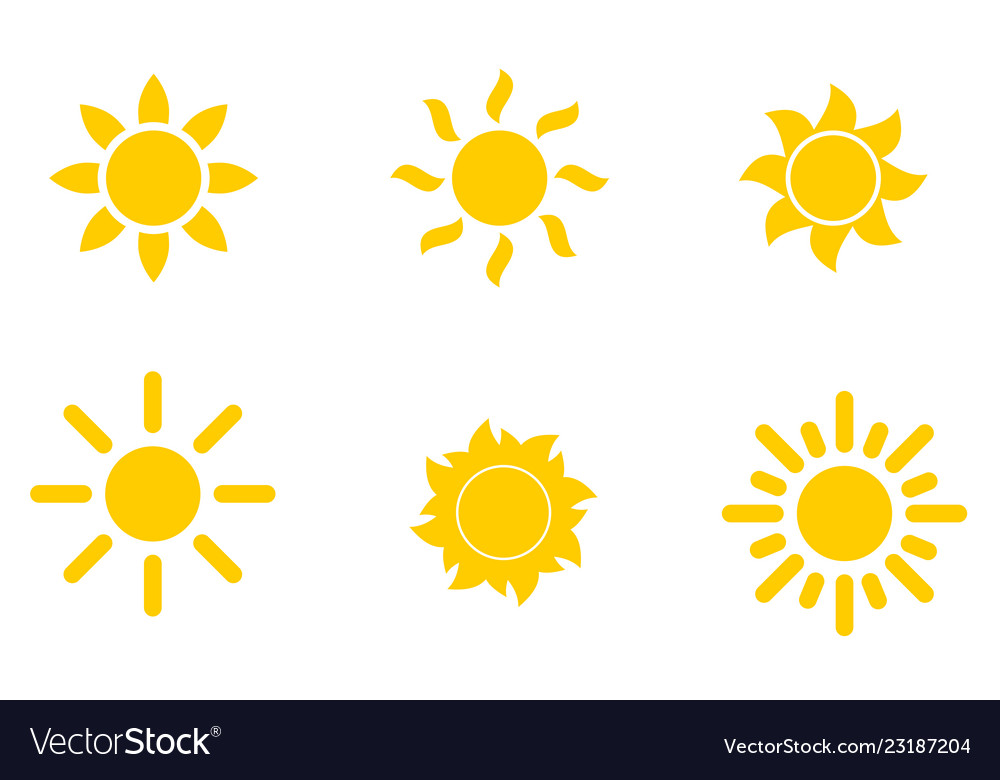 Set von gelben Ikonen die Sonne isoliert auf weiß