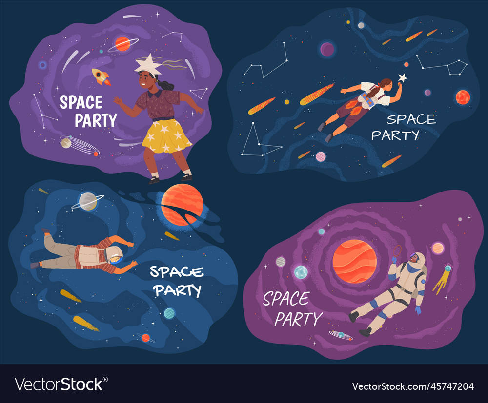 Space party with astronaut spaceship rocket vector image Space party with astronaut spaceship rocket