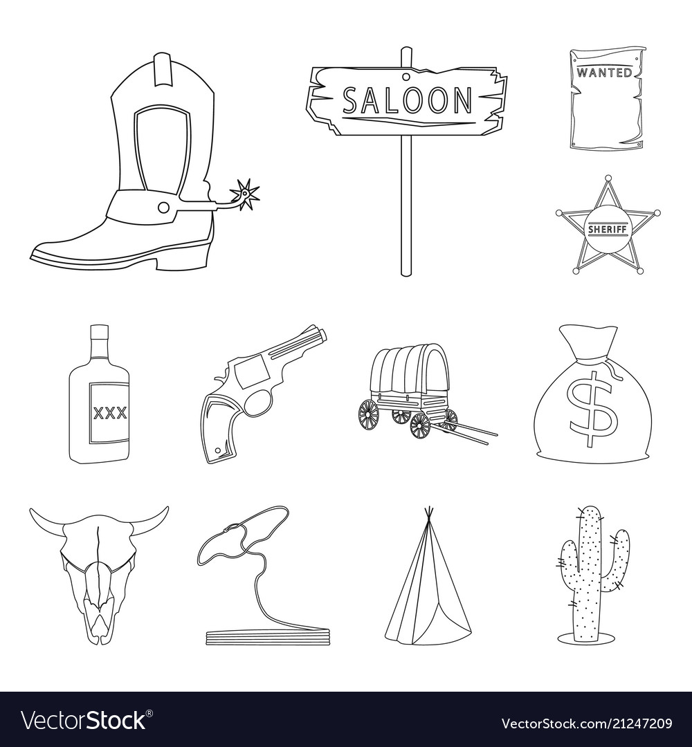 Attributes of the wild west outline icons in set Vector Image Attributes of the wild west outline icons in set