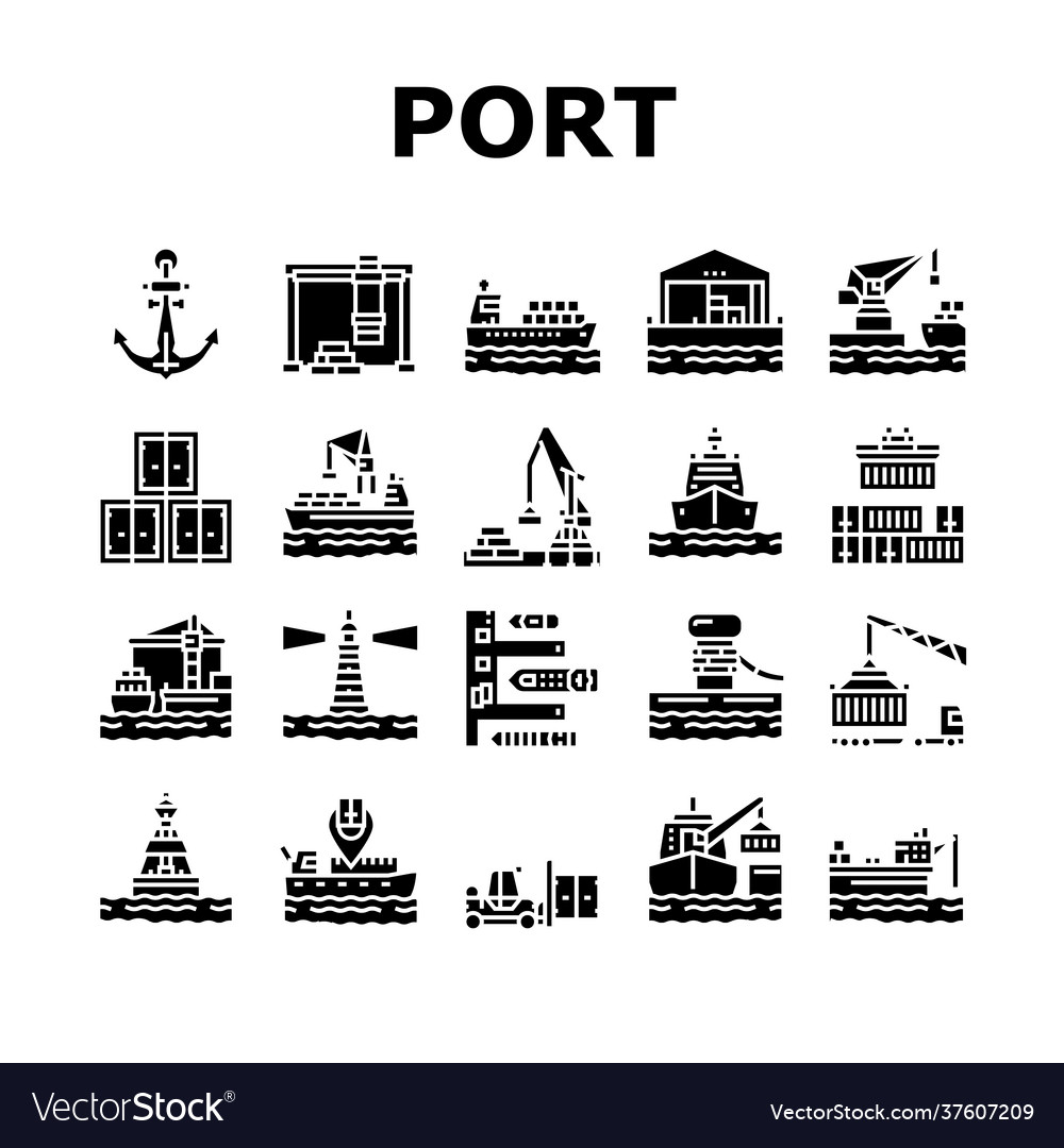 Container port tool collection icons set Vector Image Container port tool collection icons set
