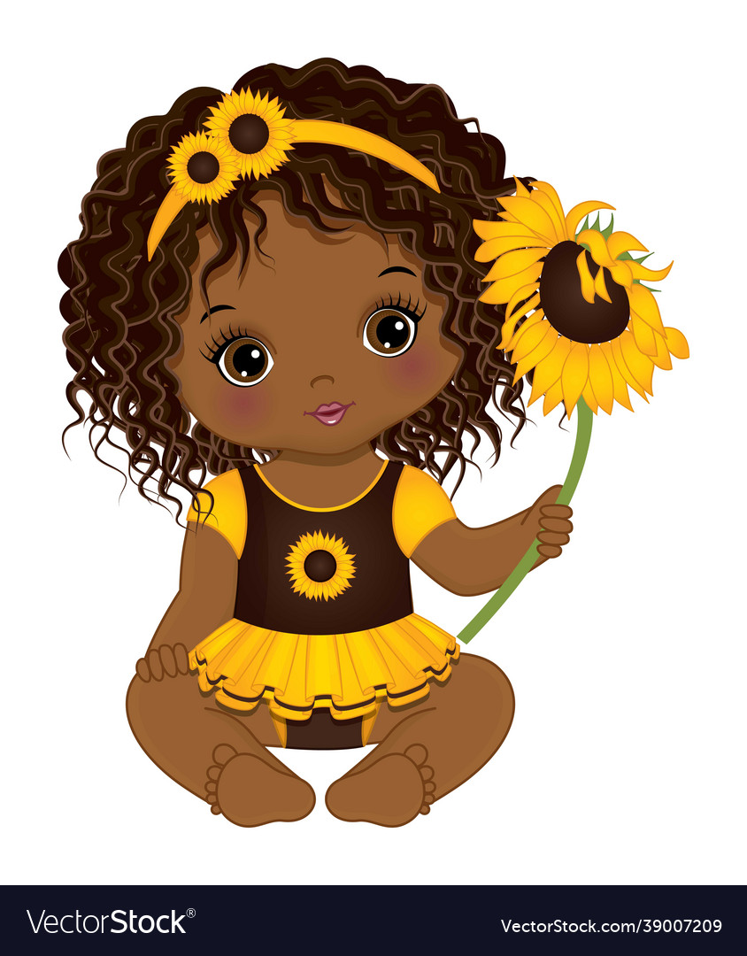 Cute African American Baby Girl Holding Sunflower Vector Image