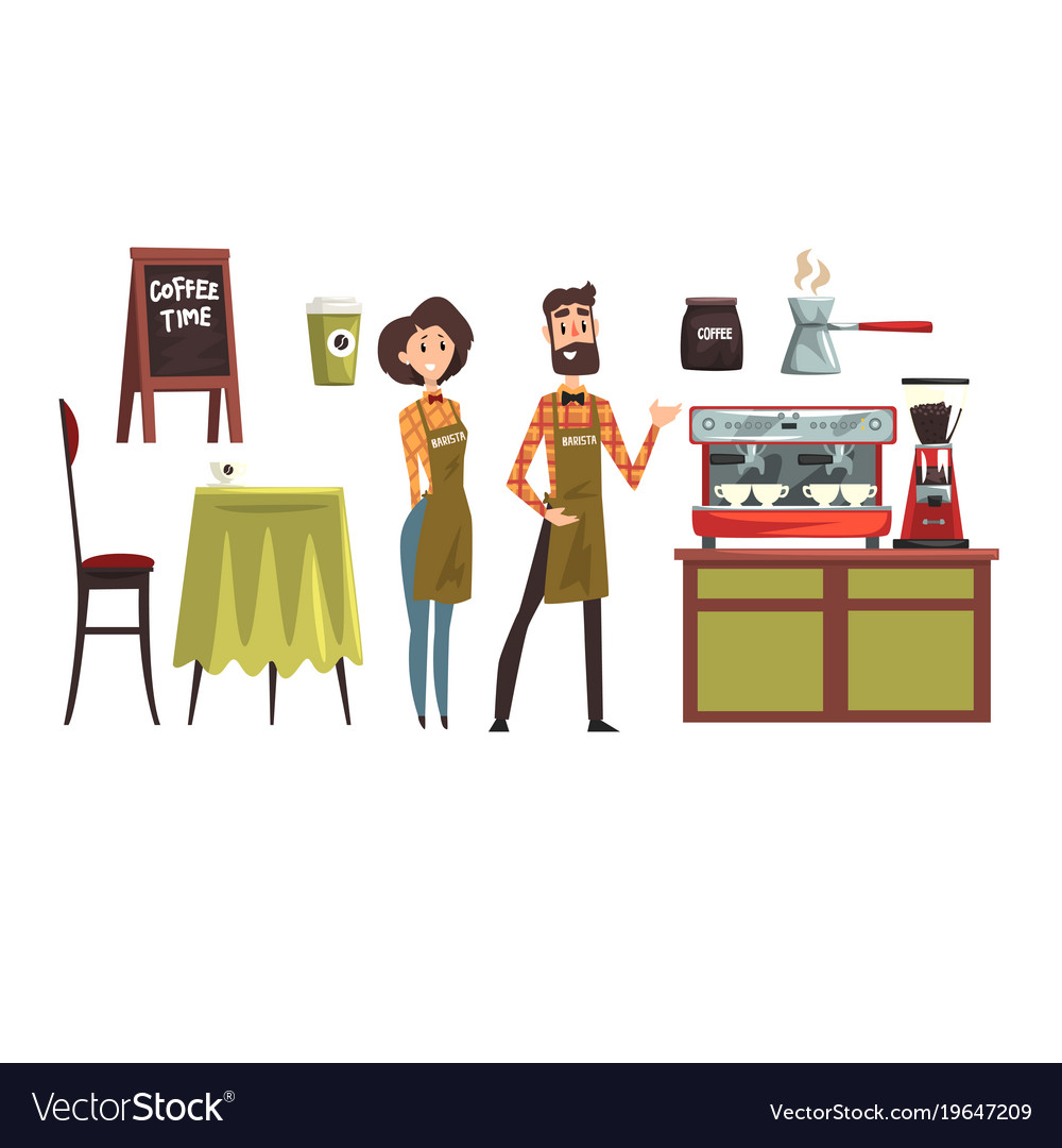 Happy man and woman barista wearing plaid shirts