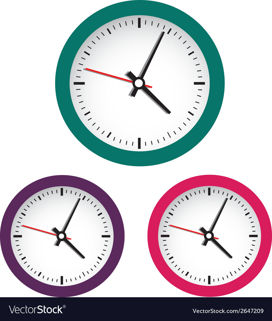 Three clocks with different colors in white Vector Image