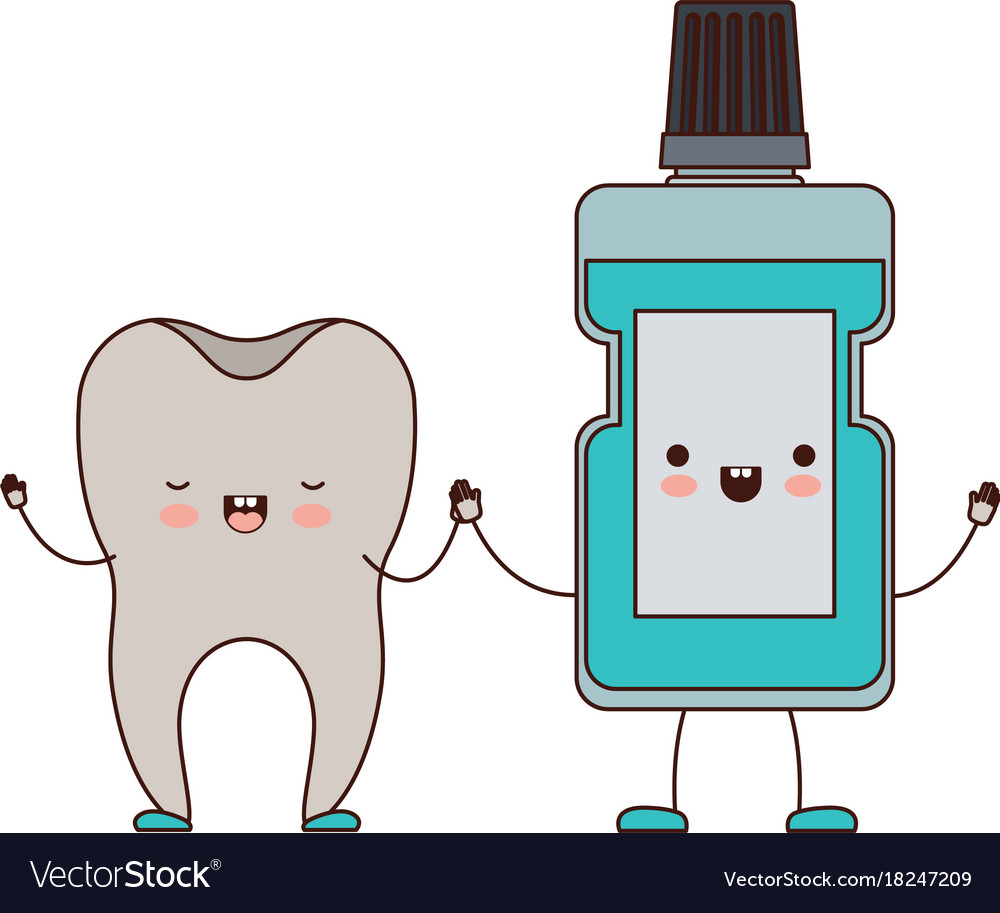 Tooth and mouthwash in cartoon holding hands in Vector Image