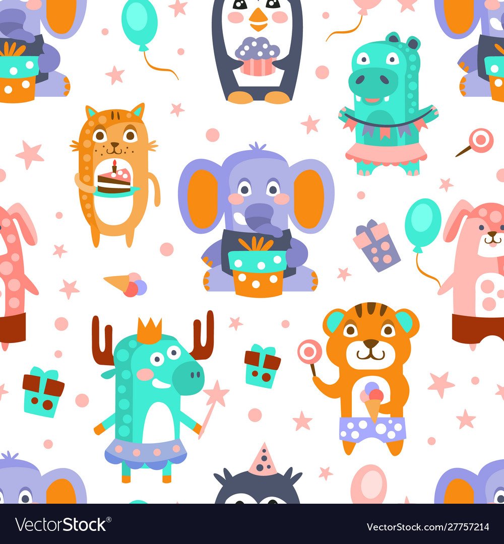 Birthday pattern cute animals with cakes