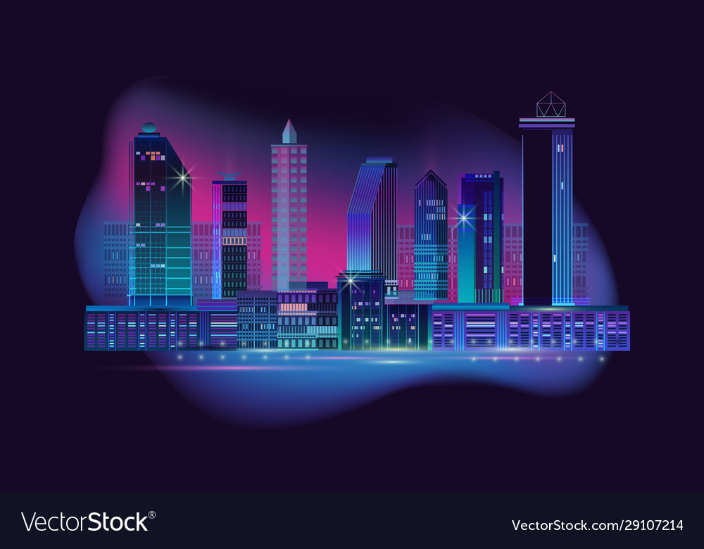 Night city panorama with neon glow on dark