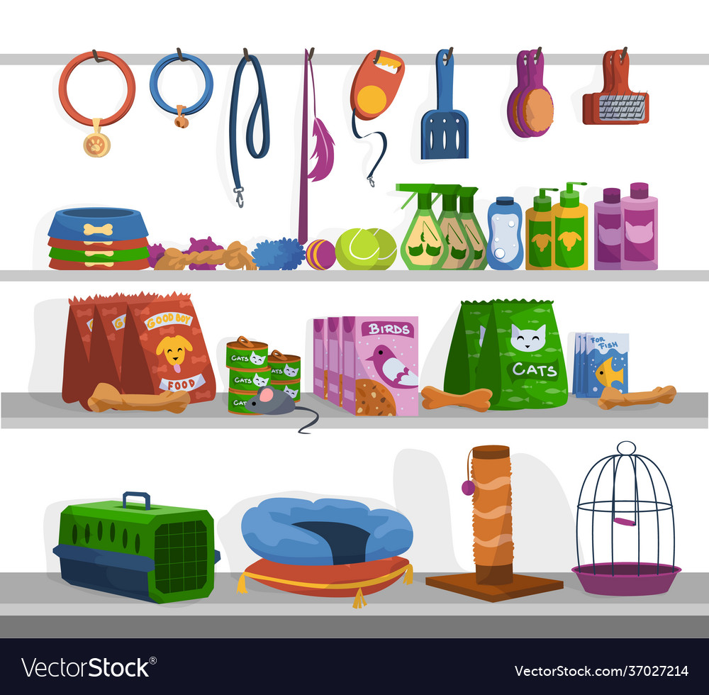 Pet shop cartoon toys foods and goods for cats Vector Image Pet shop cartoon toys foods and goods for cats Vector Image