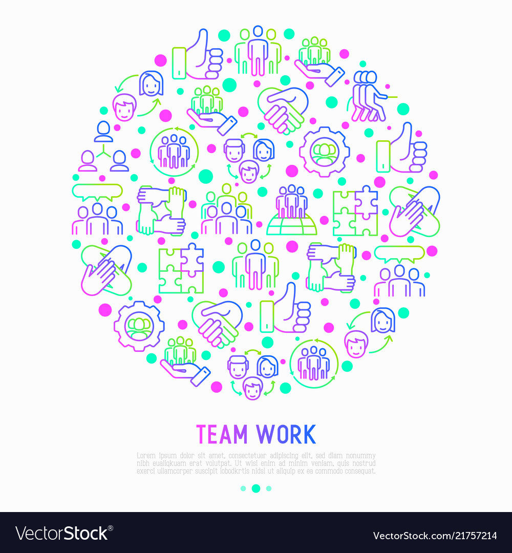 Teamwork concept in circle with thin line icons vector image Teamwork concept in circle with thin line icons