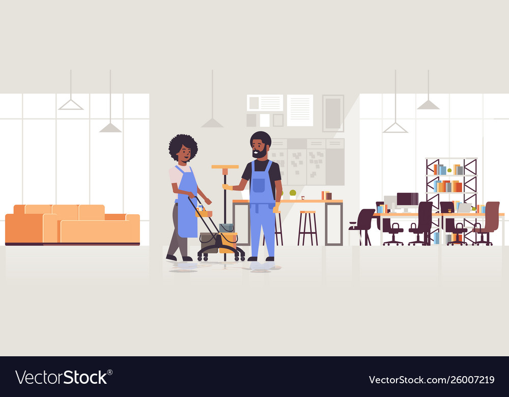 Couple cleaners in uniform working together vector image Couple cleaners in uniform working together