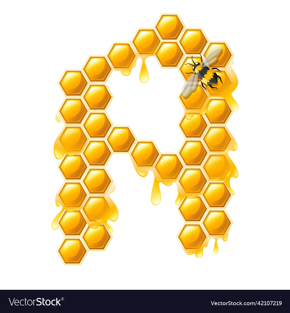 Honeycomb letter a with honey drops and bee flat