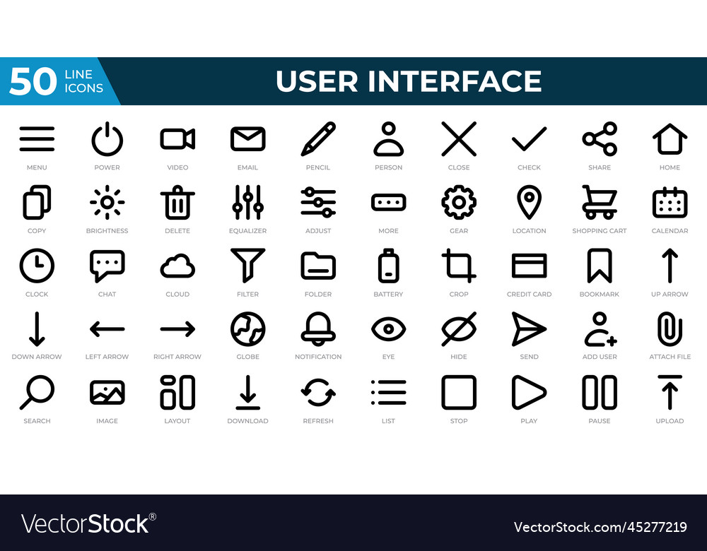Set of 50 user interface icons in line style menu