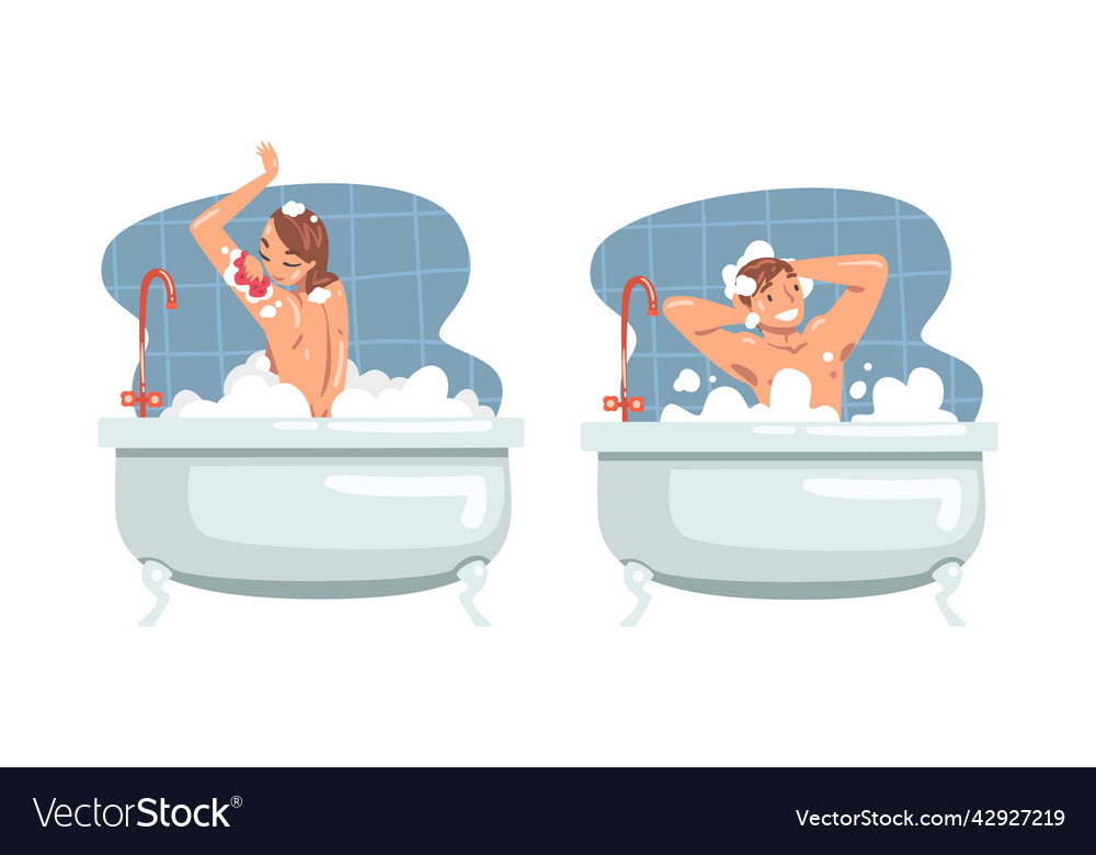 Young male and female bathing in the bathtub