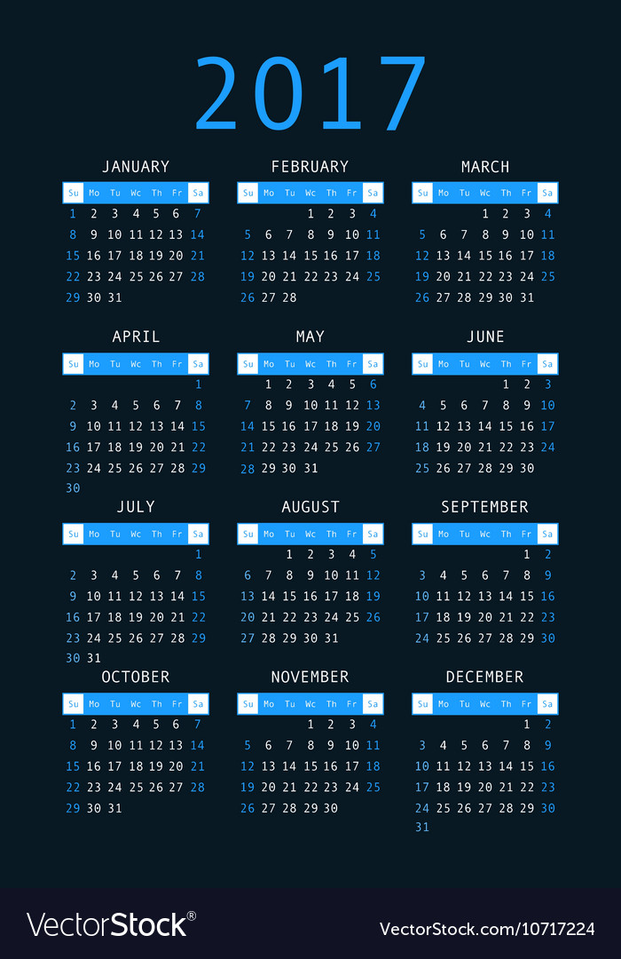 Calendar for 2017 on black background vertical