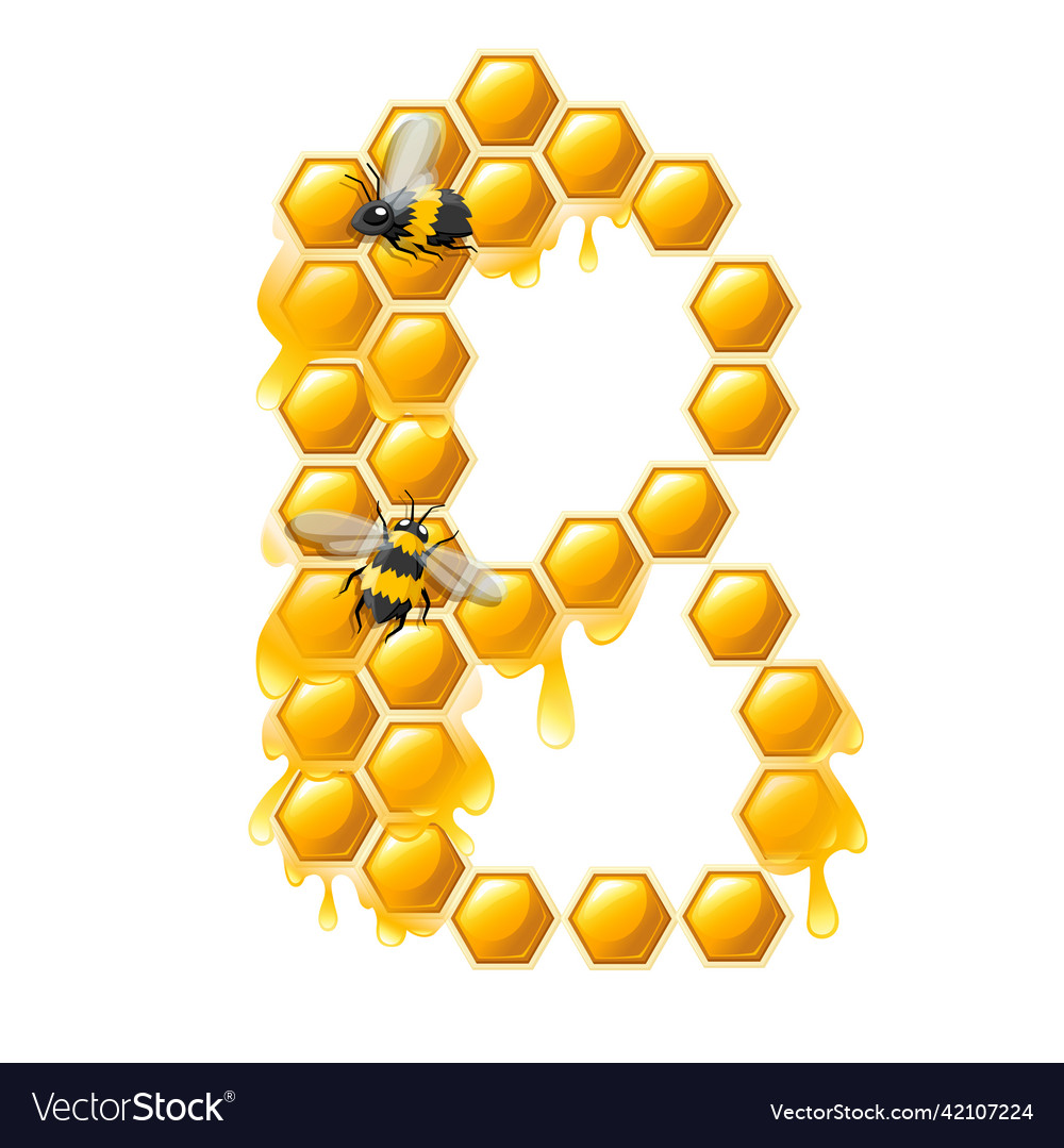 Honeycomb letter b with honey drops and bee flat