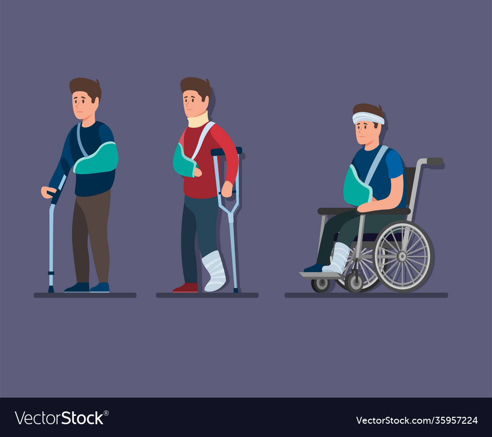Verletzung Mann tragen Gips Krücken und Rollstuhl Ikone vector image Verletzung Mann tragen Gips Krücken und Rollstuhl Ikone