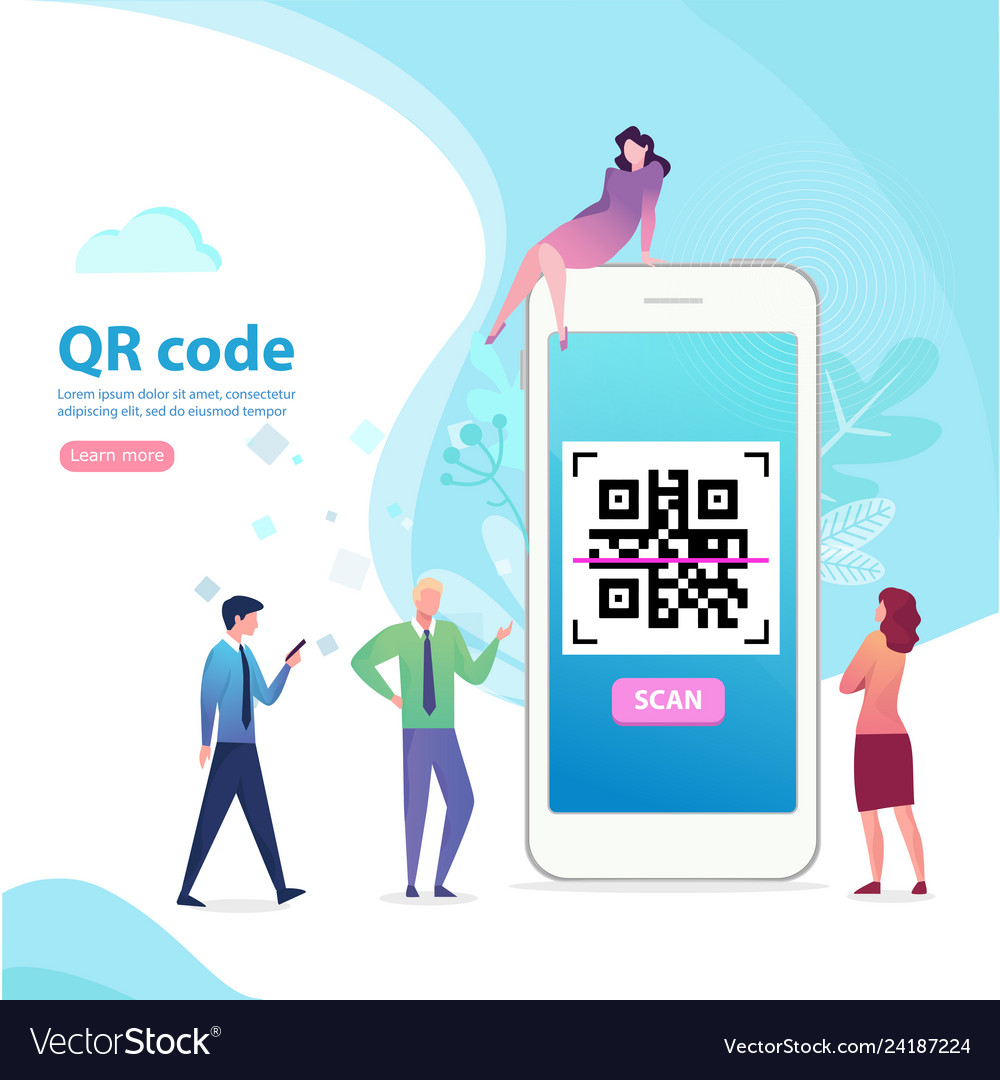 Phone with qr code and characters flat cartoon