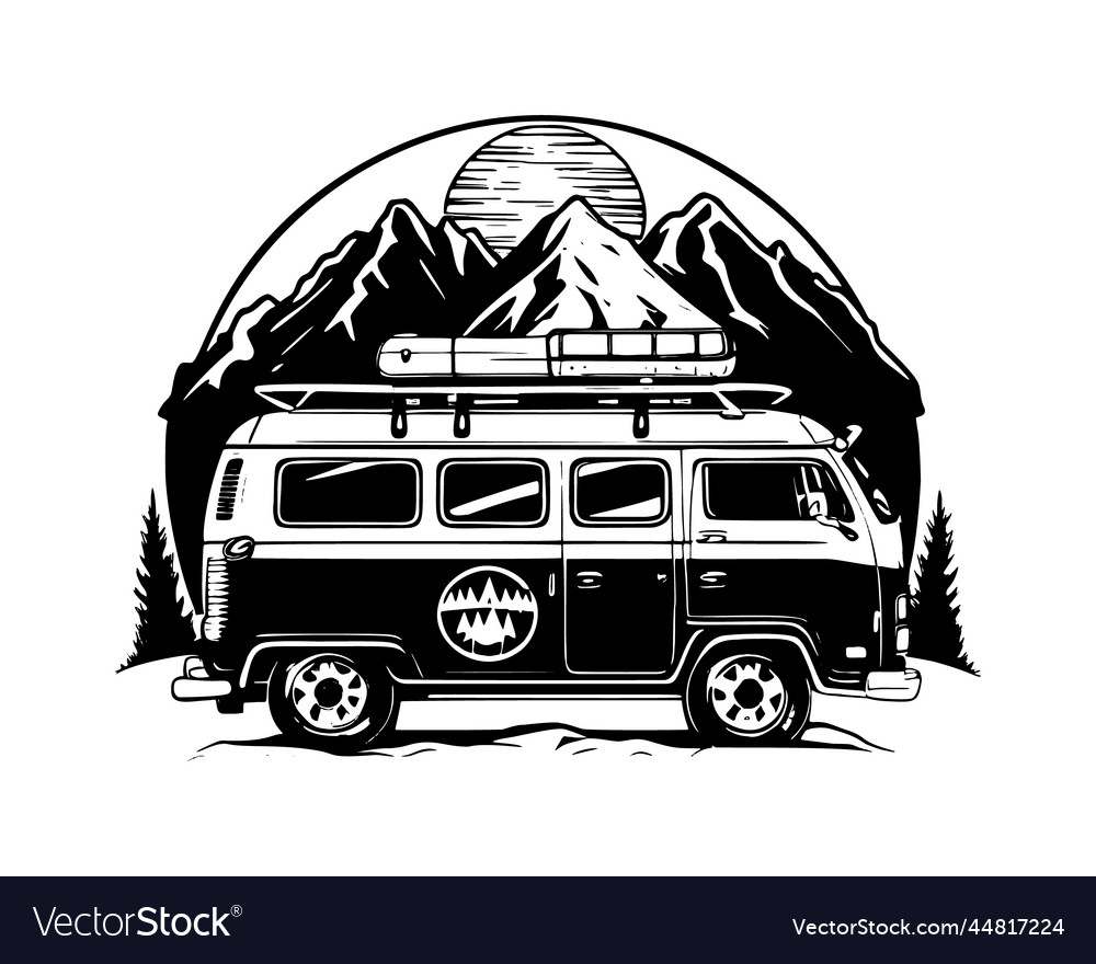 Travel bus in the mountains concept vintage hand Vector Image