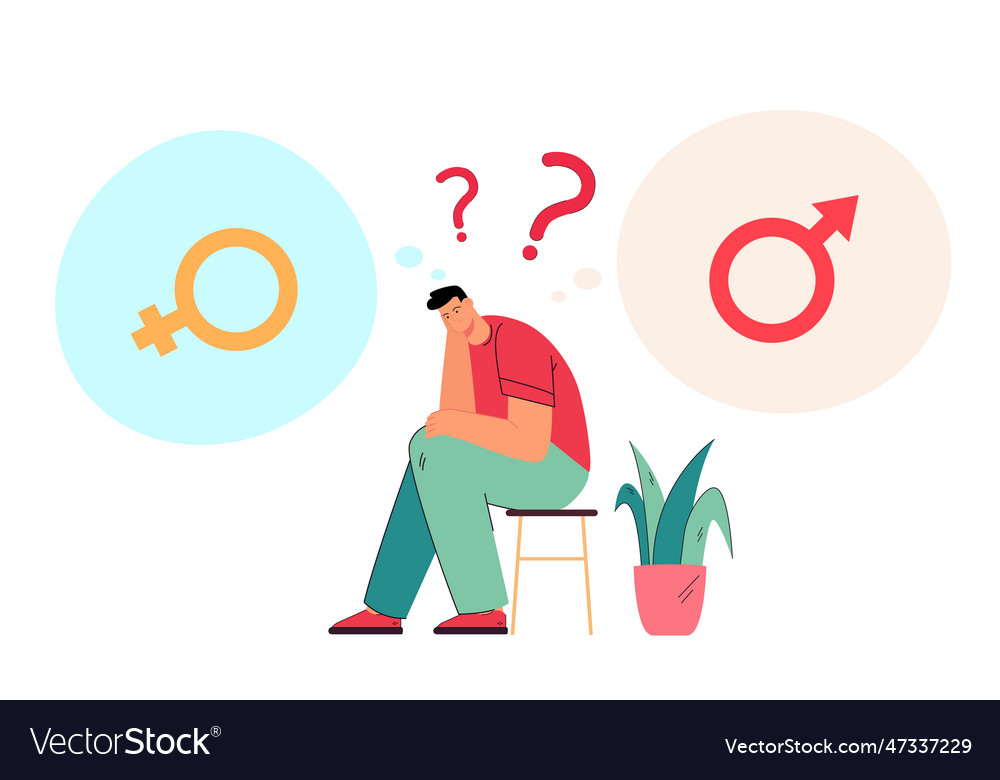 Cartoon man thinking about male and female symbols vector image Cartoon man thinking about male and female symbols
