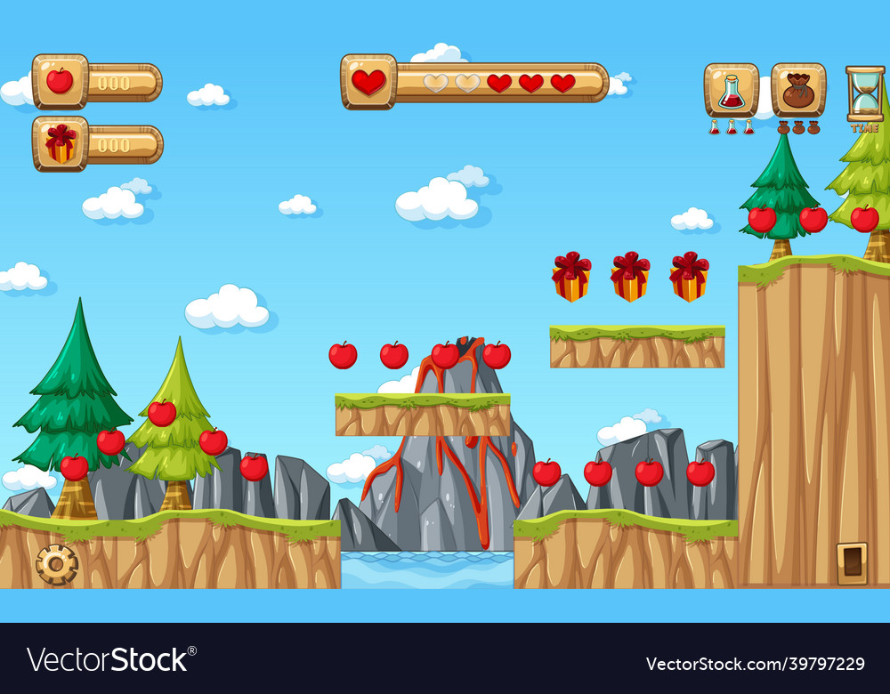 Collecting apples platformer game template vector image Collecting apples platformer game template