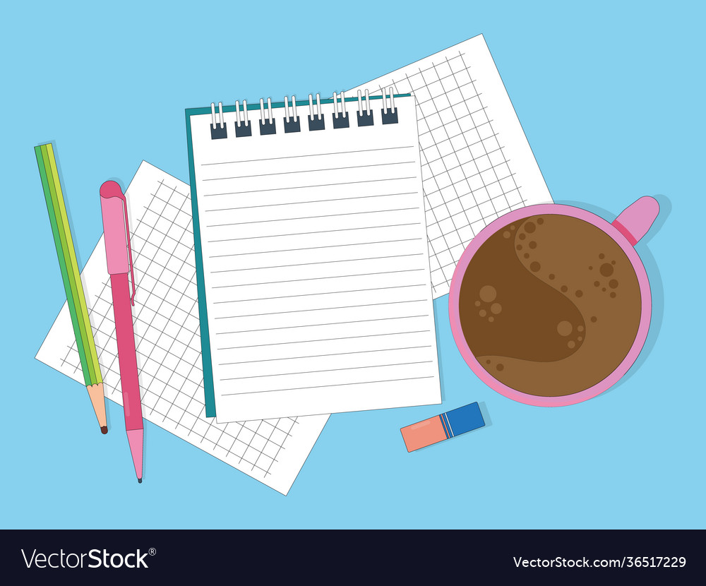 Notebook with pencil pen and eraser on table vector image Notebook with pencil pen and eraser on table