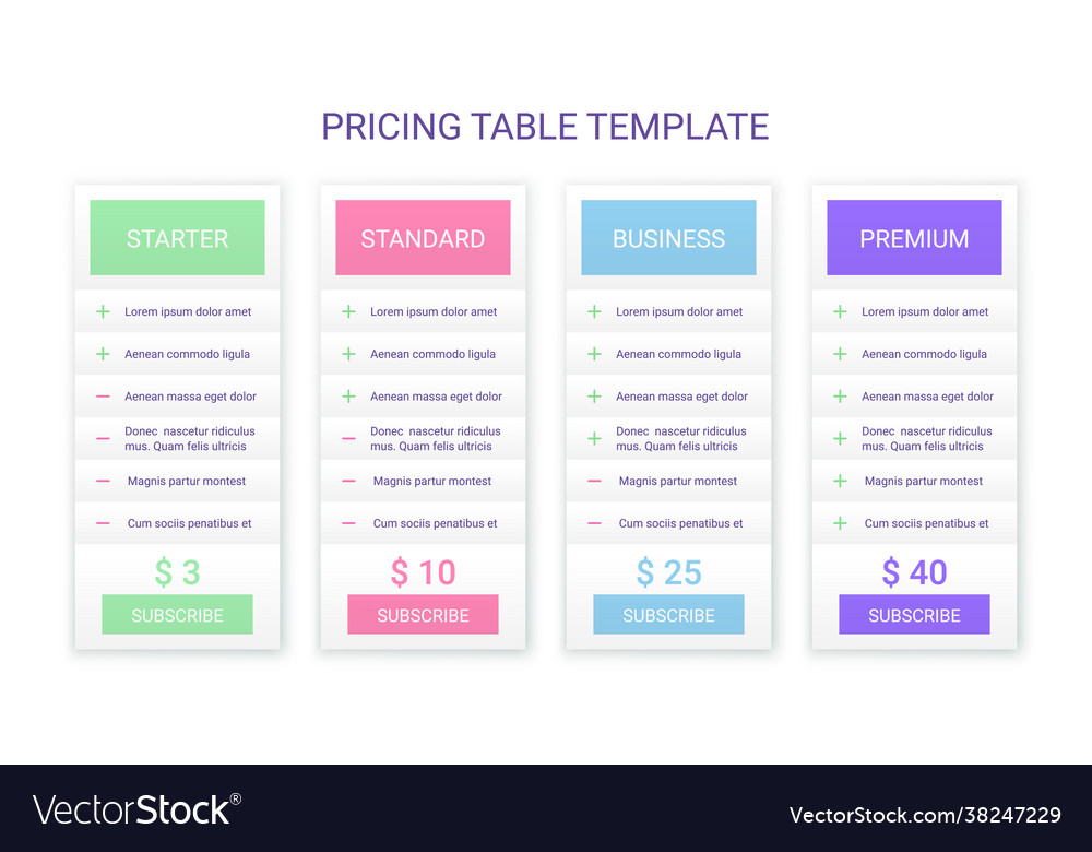 Price table template with 4 columns pricing data vector image Price table template with 4 columns pricing data