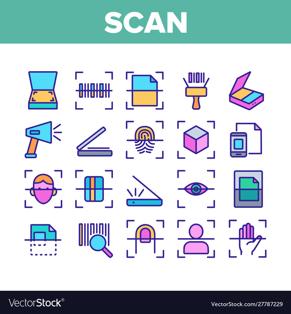 Scannen von Sammlungselementen Icons Set vector image Scannen von Sammlungselementen Icons Set
