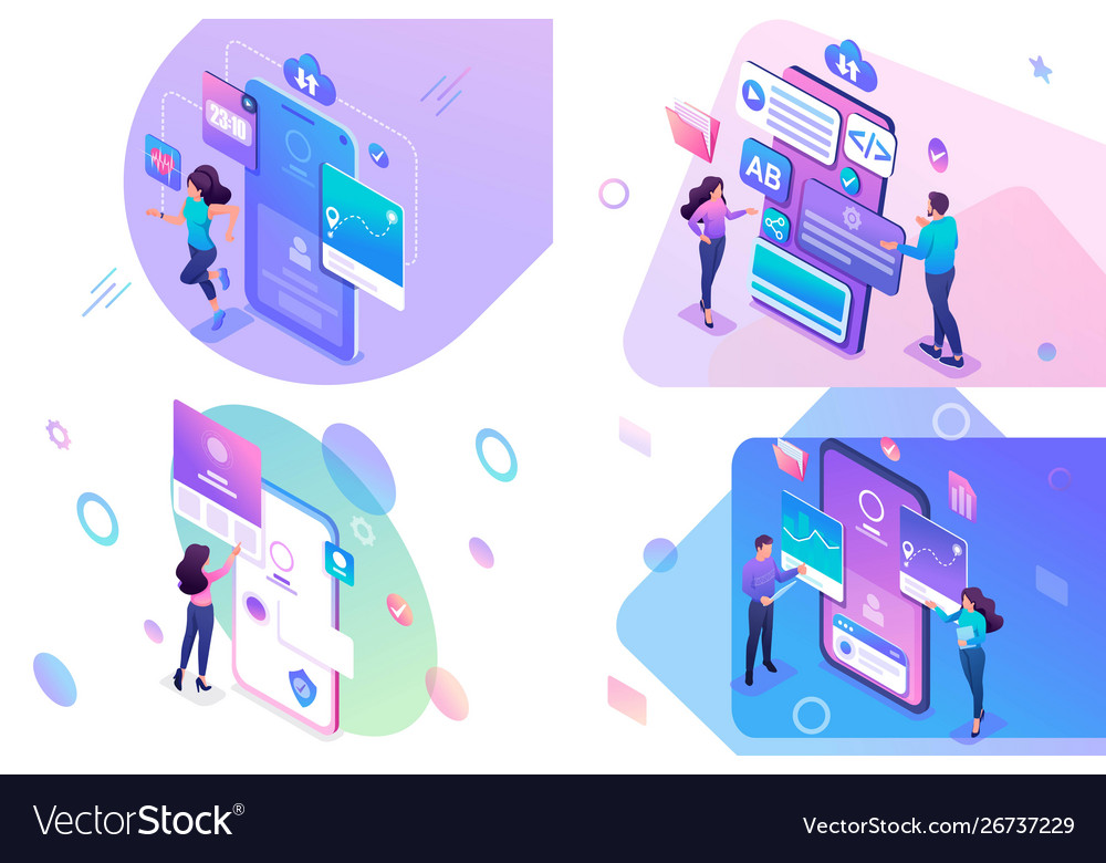 Set isometric concept mobile application testing