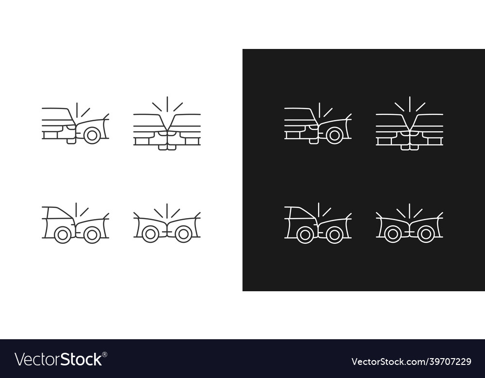 Vehicle crashes linear icons set for dark