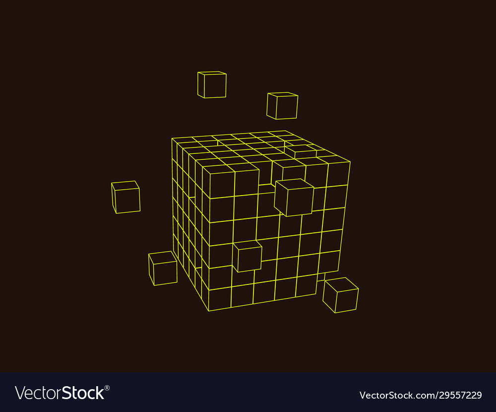 Wireframe cube from small cubes big data concept vector image Wireframe cube from small cubes big data concept