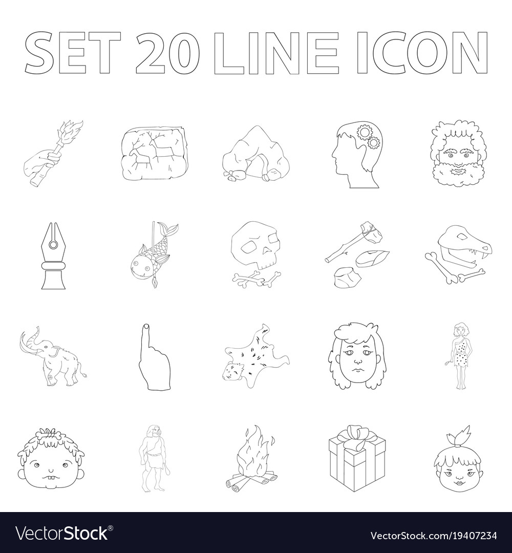 Life in the stone age outline icons set