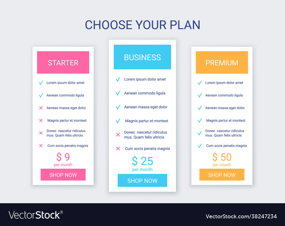 Price table comparison layout with 3 columns vector image Price table comparison layout with 3 columns