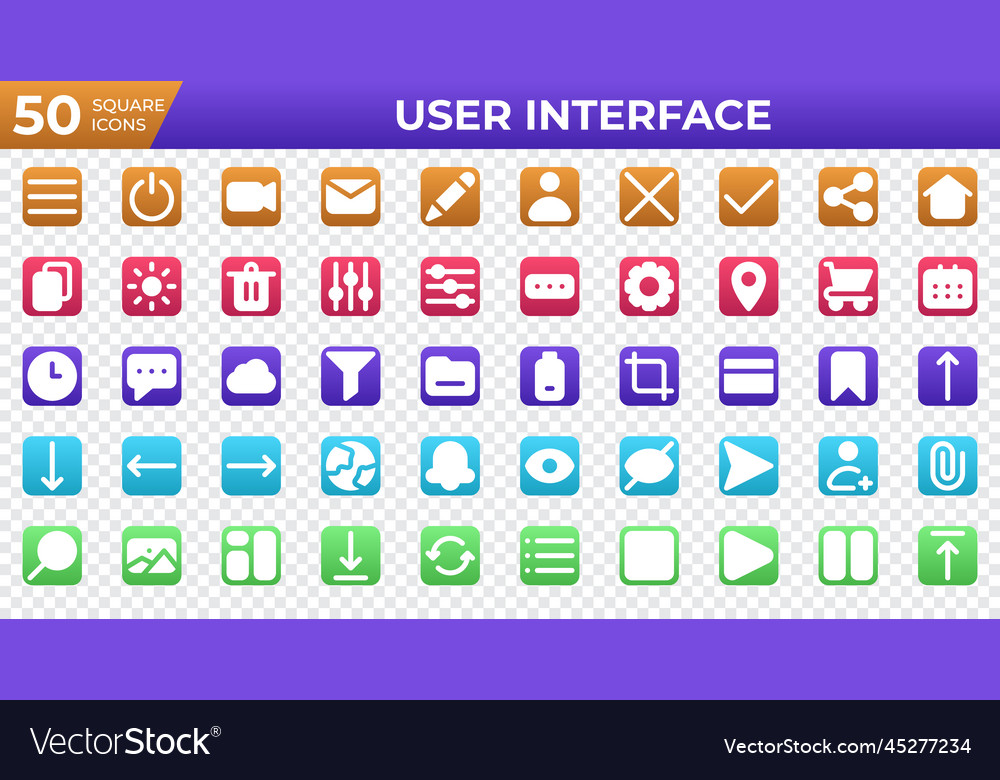 Set of 50 user interface icons in square style vector image Set of 50 user interface icons in square style