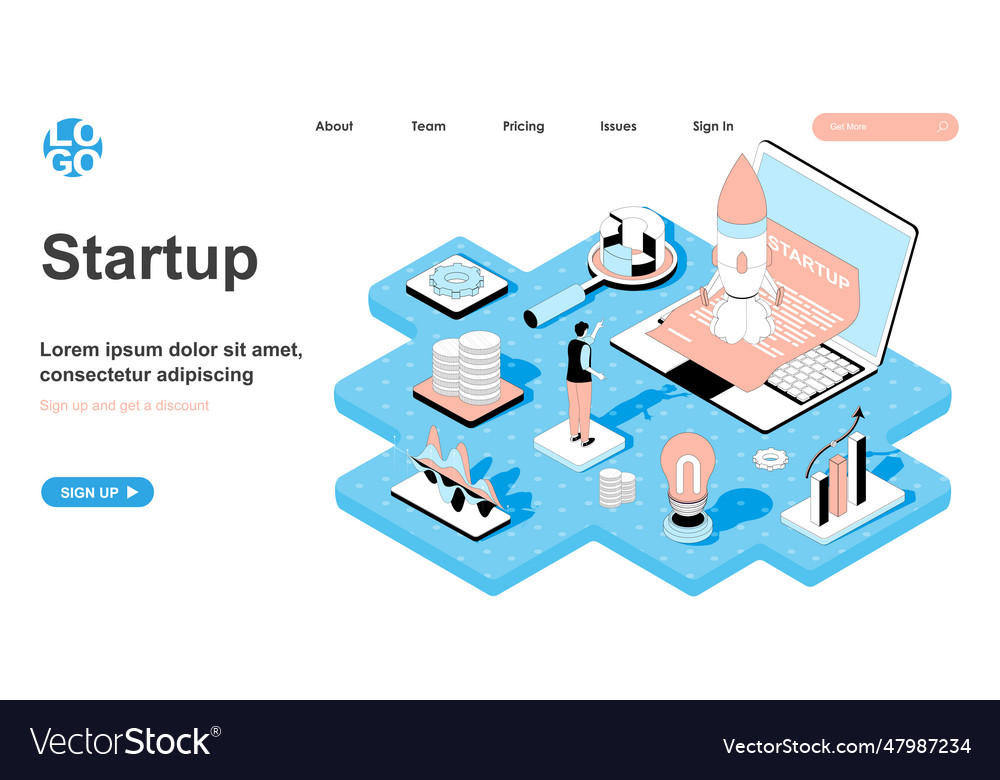 Startup isometric concept man starts new business