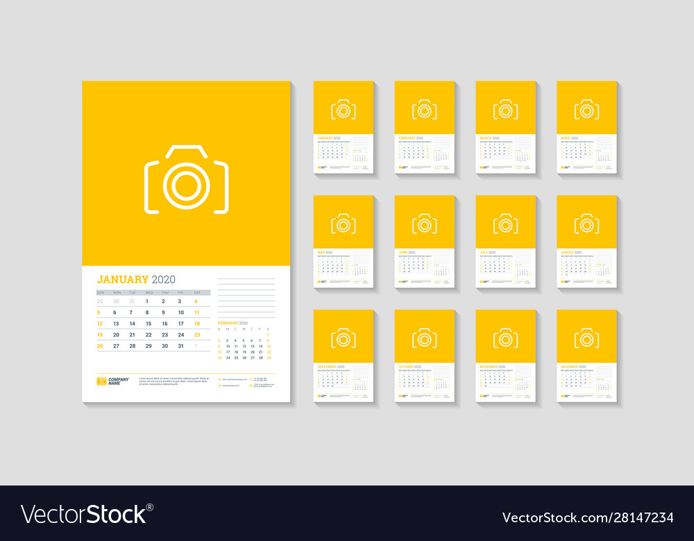 Wall calendar template for 2020 year week starts vector image Wall calendar template for 2020 year week starts