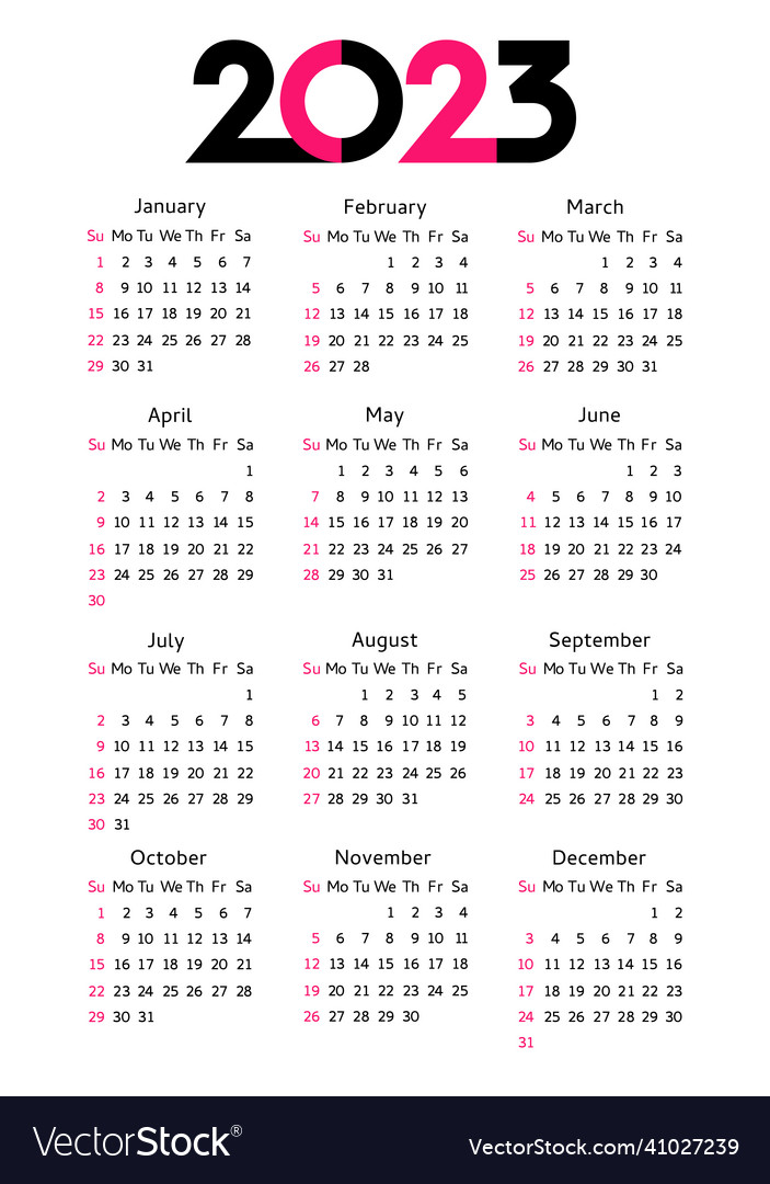 Calendar 2023 Year Editable Template Royalty Free Vector