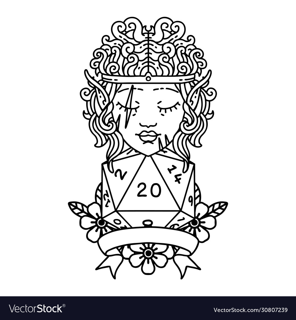 Elf barbarian character with natural twenty dice