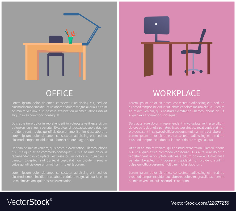 Office workplace web posters set with empty tables vector image Office workplace web posters set with empty tables