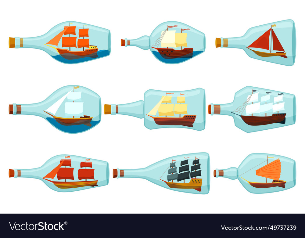 Ships in bottles set of glass with object inside vector image Ships in bottles set of glass with object inside