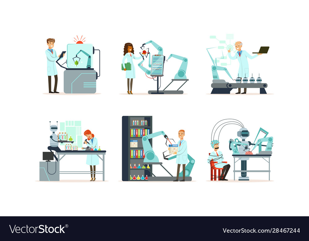 Scientists working in laboratory with robots vector image Scientists working in laboratory with robots