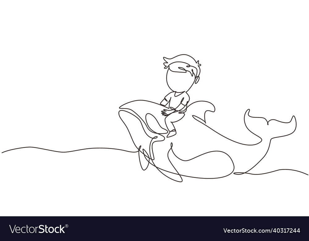 Single one line drawing little boy riding orca vector image Single one line drawing little boy riding orca