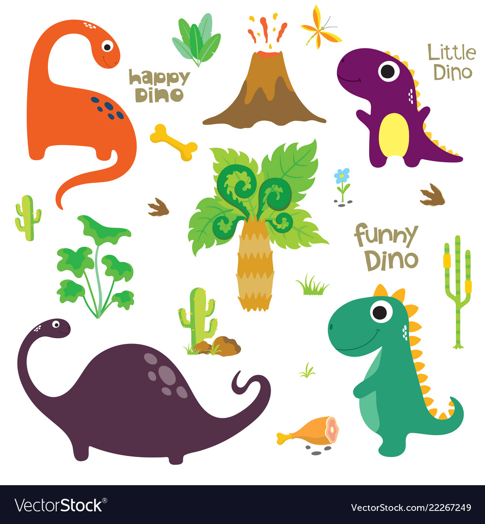 Dinosaur footprint volcano palm tree and other Vector Image