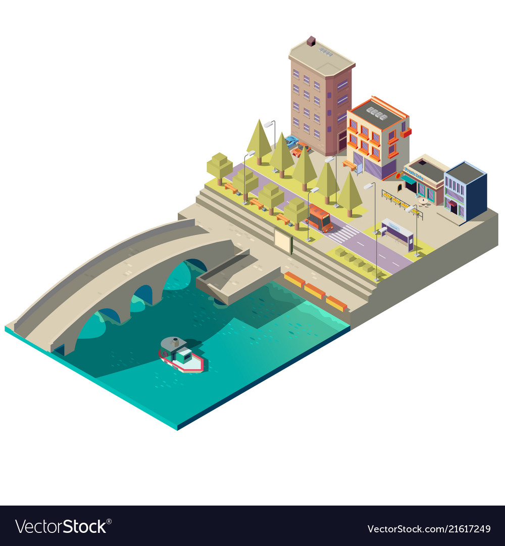 Isometric map of town with buildings Royalty Free Vector