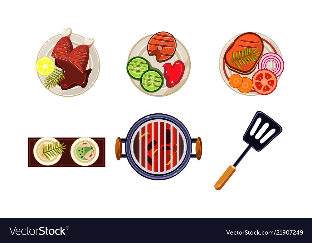 Meat And Fish Dishes Cooked On Grill Tasty Vector Image