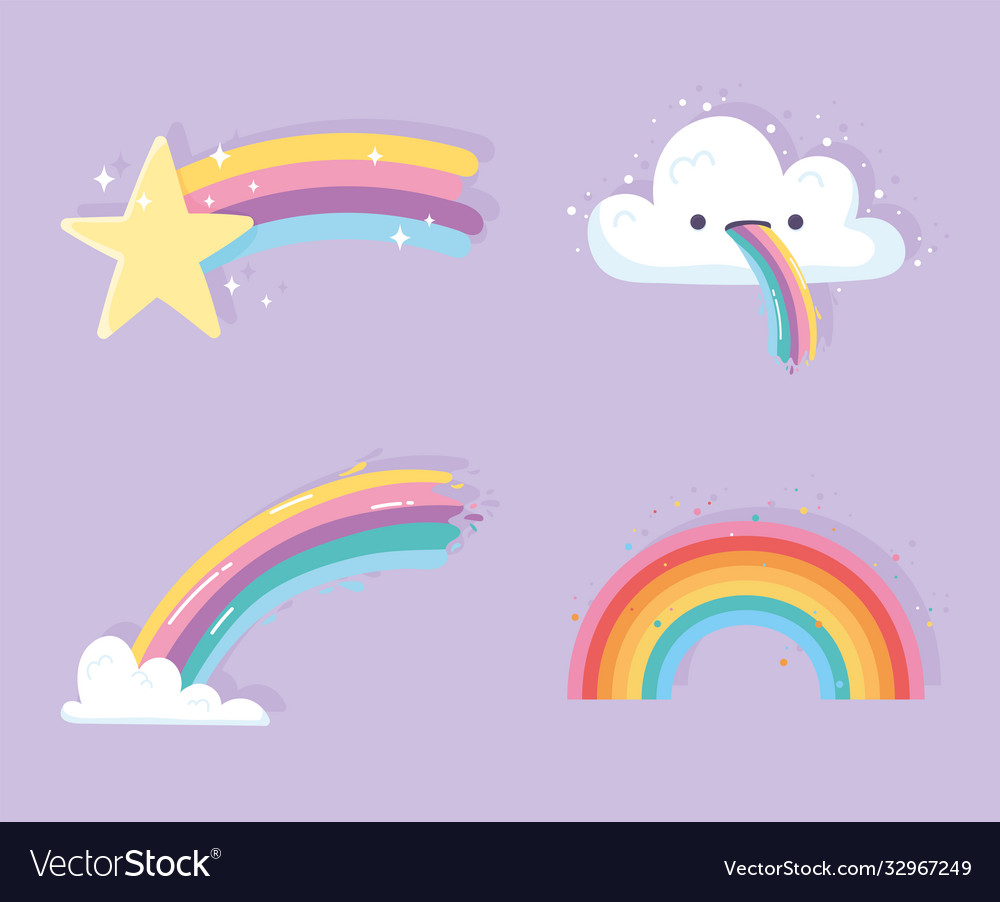 Rainbow with clouds cartoon shooting star Vector Image