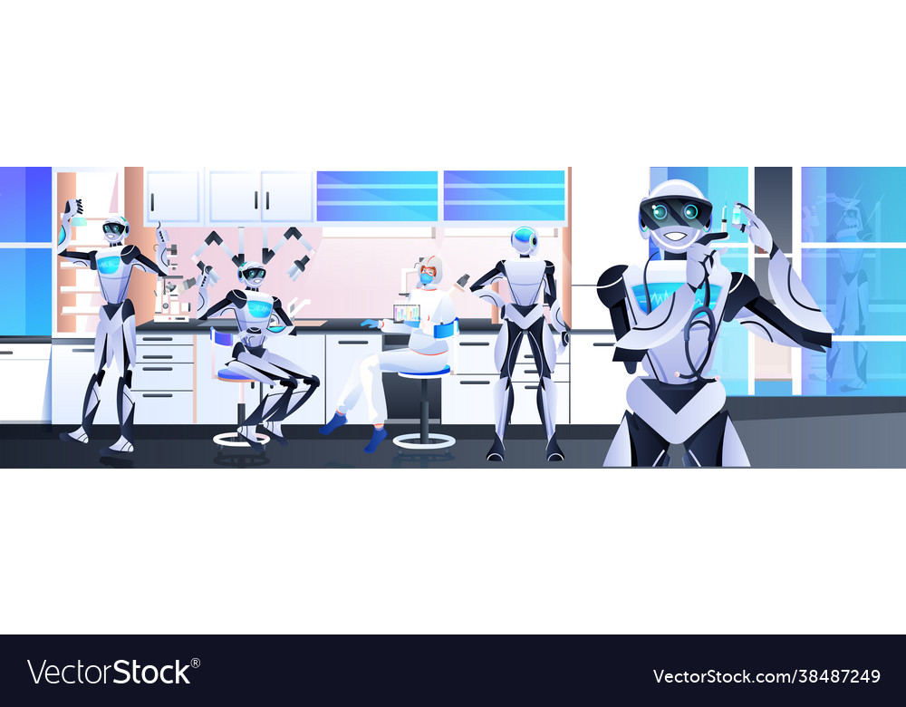 Robots with scientist in protective suit making vector image Robots with scientist in protective suit making