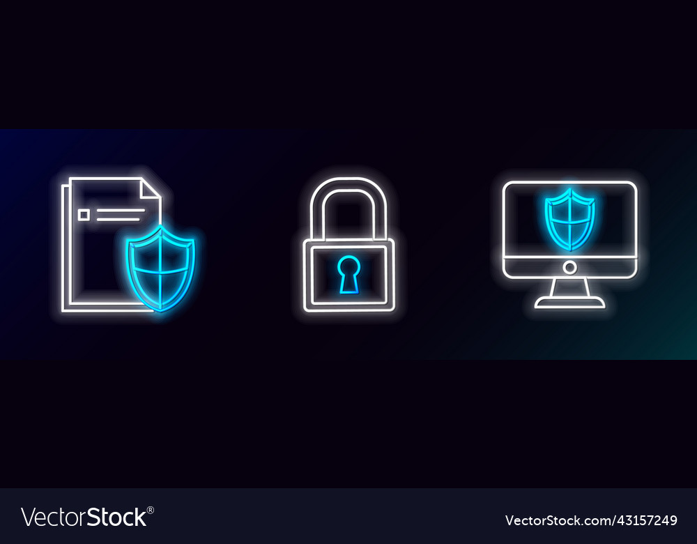Set line computer monitor and shield document vector image Set line computer monitor and shield document