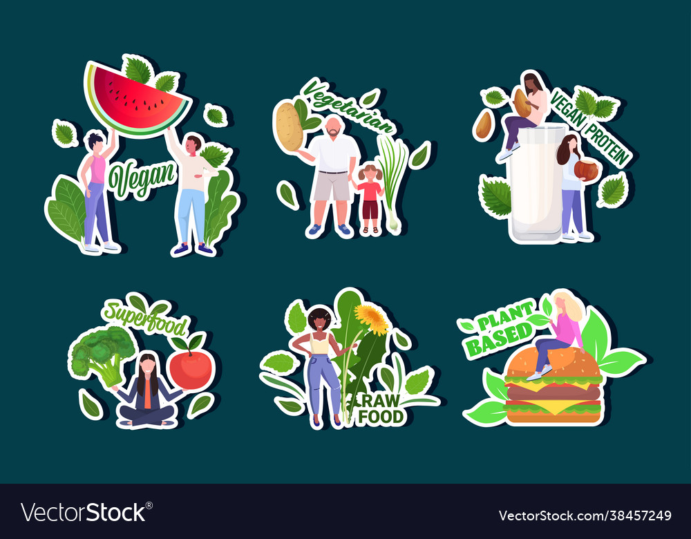 Set people holding different vegetables and fruits