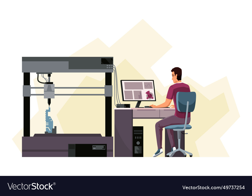 Developer and engineer using 3d printer vector image Developer and engineer using 3d printer