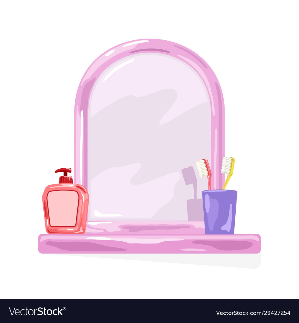 Pink frame mirror with shelf where are violet